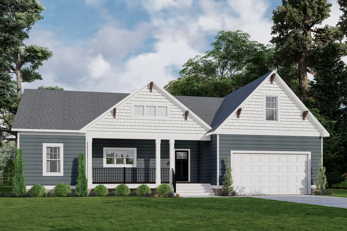 Modern Farmhouse style house plan exterior with covered front porch, gable dormers, shingle siding, and a two-car garage.