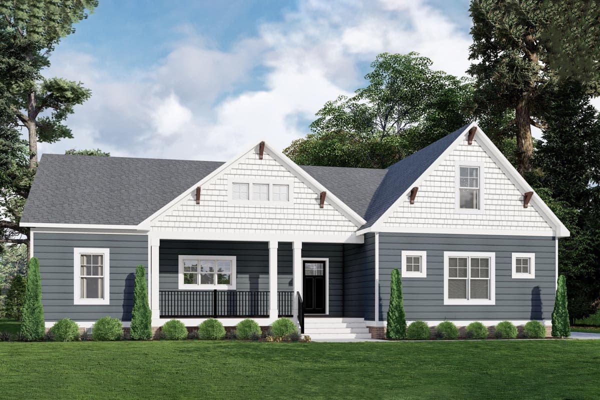 House plan exterior featuring Craftsman style with a single story, front porch with columns, gables with shake siding, and a hipped roofline.