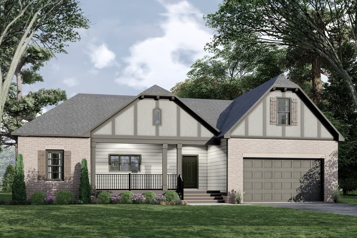 House plan exterior showing a one-story Modern Farmhouse with a prominent gable, covered front porch with railing, and attached two-car garage.