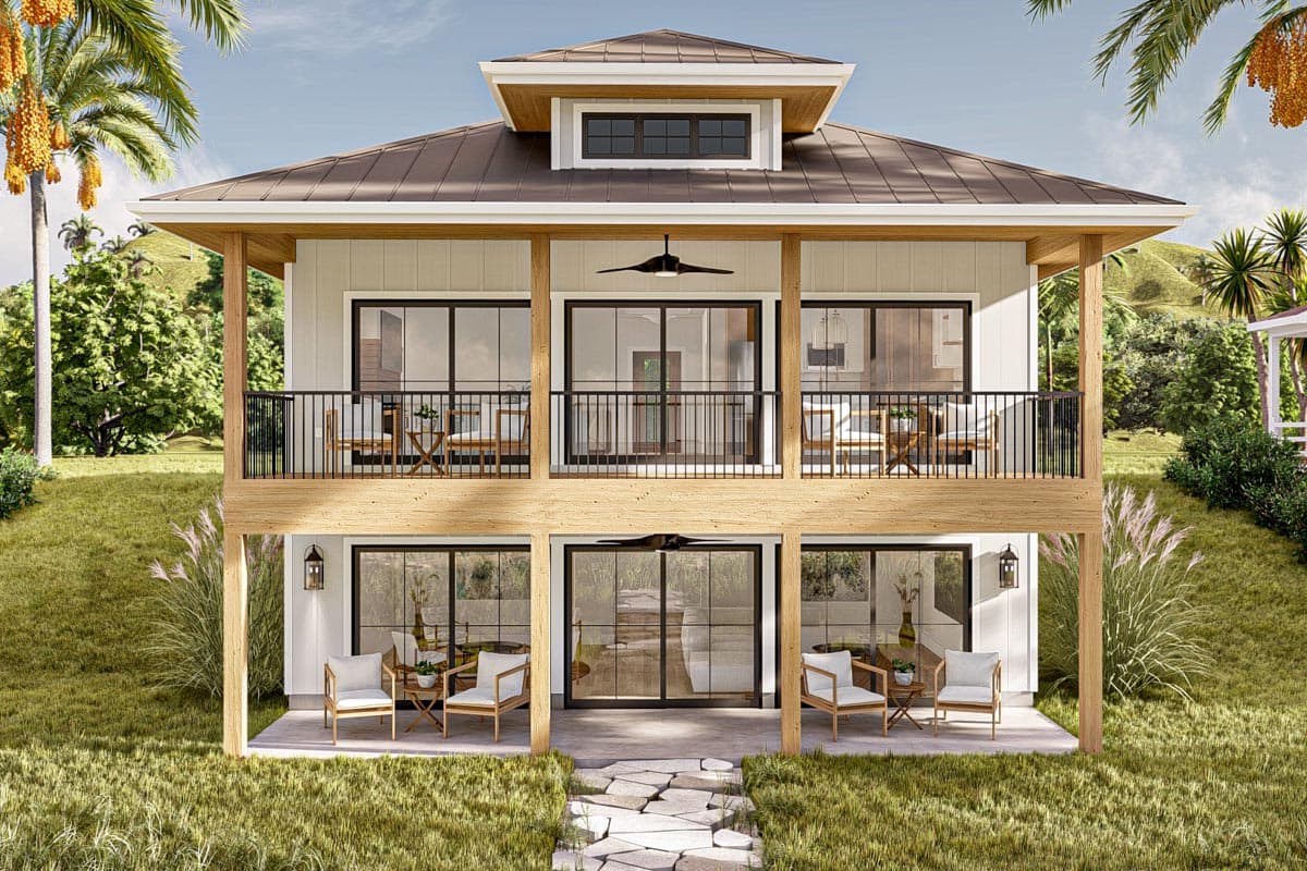 House plan exterior. Two-story with covered balconies. Features include a low-slope roof, dormer, and large glass doors and windows.