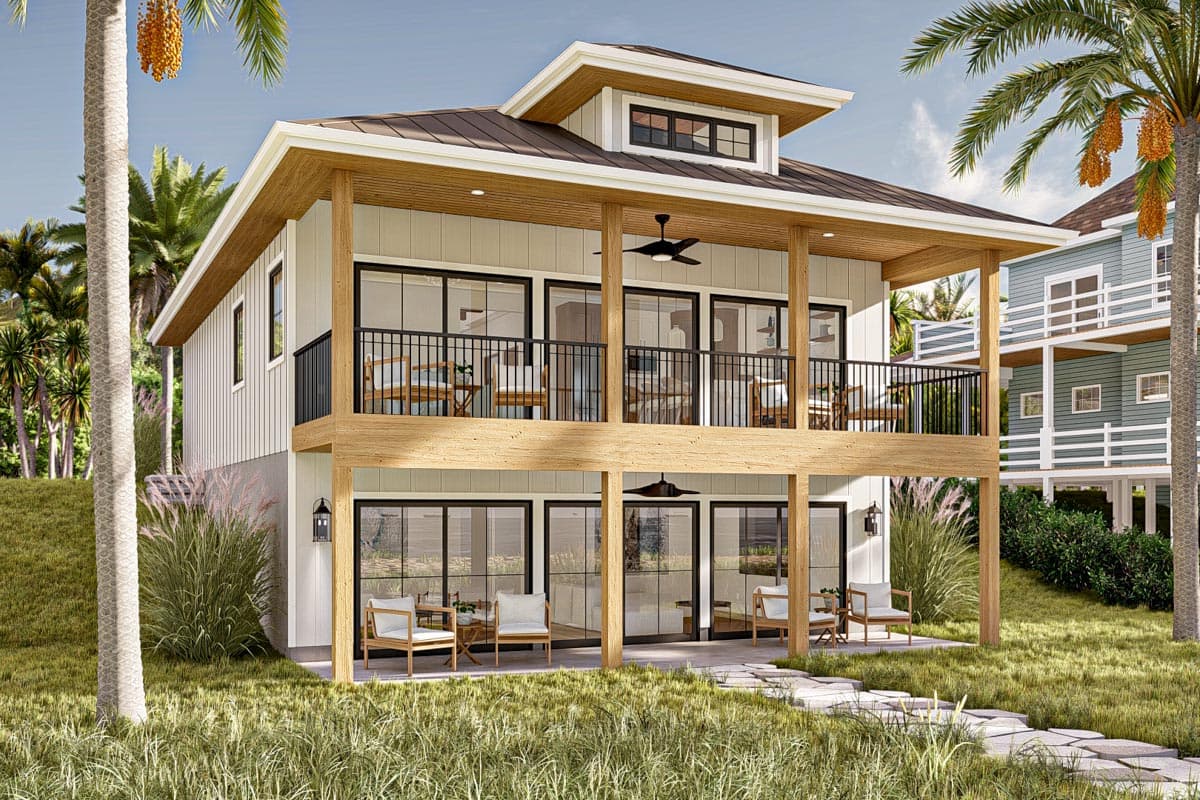 House plan exterior: Modern coastal style, two stories, with a covered second-story balcony and ground-level patio.