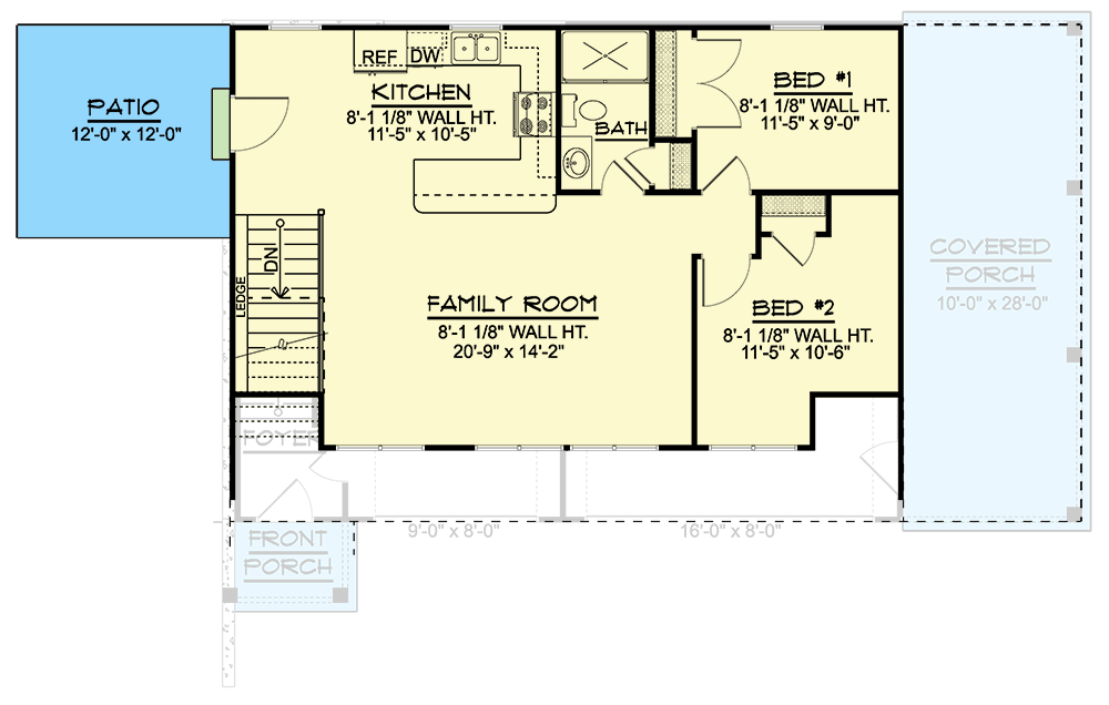 Plan 135242GRA: 831 Square Foot 2-Bed Garage Apartment with Covered Side Porch - Floor Plan - 2nd Floor - Country, Modern Farmhouse, New American