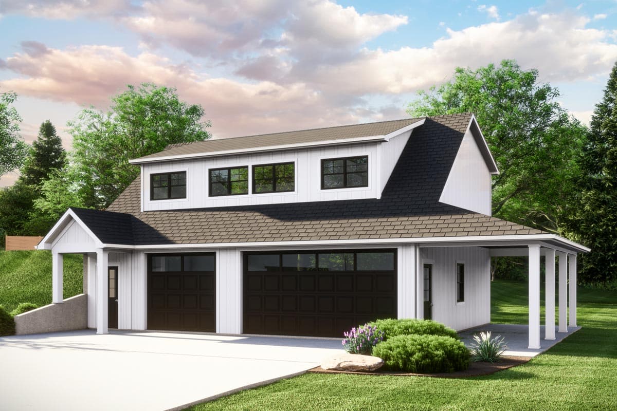 House plan exterior. Two-story Modern Farmhouse design with gable roof, dormers, and a covered porch. Features two-car garage.