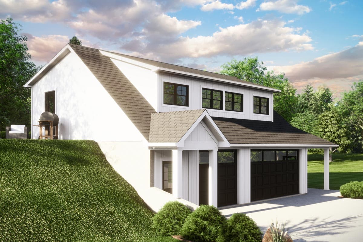Modern Farmhouse house plan exterior with two stories, a prominent gable, and a three-car garage with black doors.