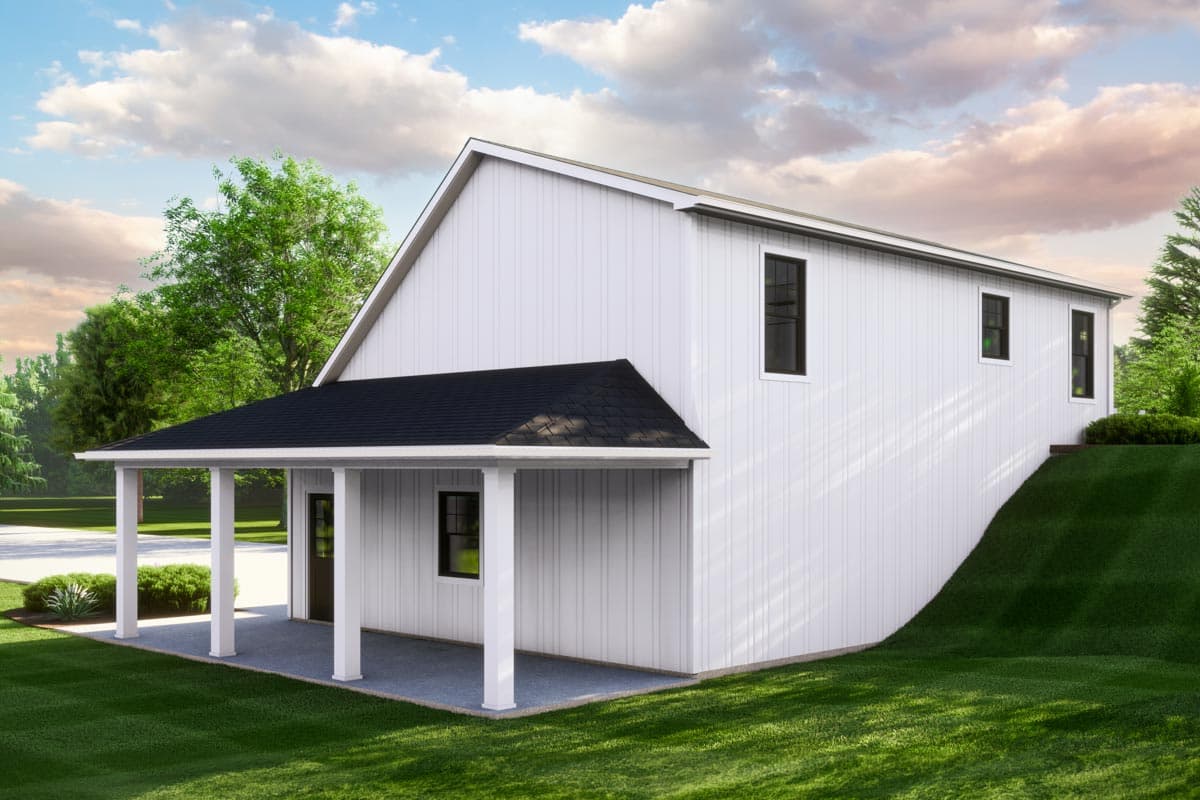 House plan exterior, modern style, white vertical siding, prominent gable roof, covered porch with white columns.