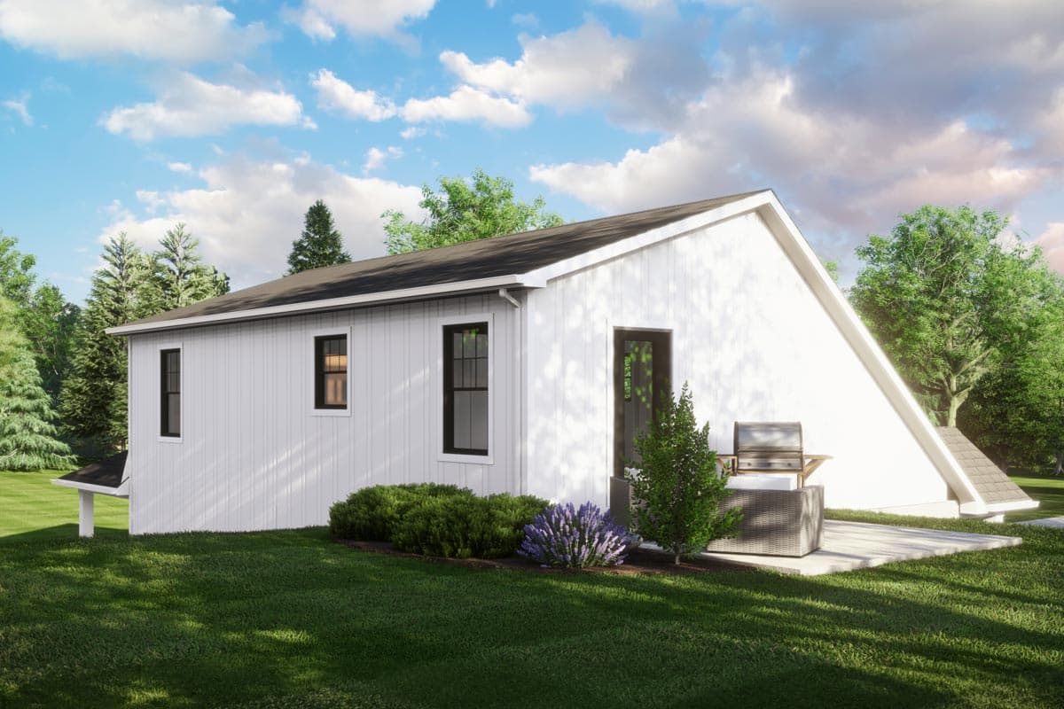 House plan exterior, a modern A-frame design with vertical siding, dark-framed windows, and a single-story profile.