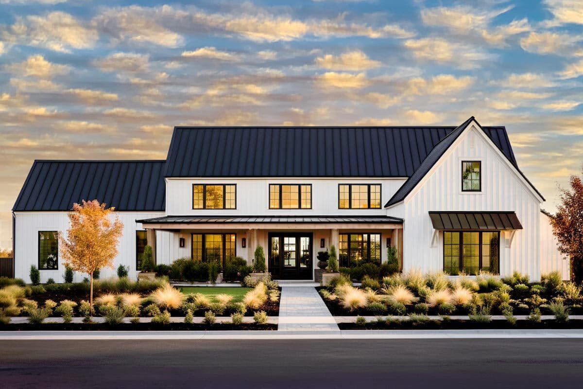 Modern Farmhouse exterior with two stories. Features include a front porch, gables, and a metal roof. Vertical siding and large windows are visible.