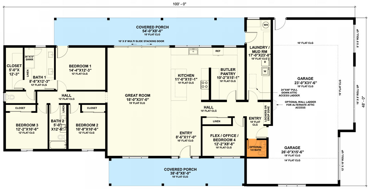 Plan 420115WNT: 2400 Sq. Ft. 4-Bedroom Modern Farmhouse Plan With 4-Car Garage - Floor Plan - Main Level - Half Bath Option - Country, Farmhouse, Modern Farmhouse, New American, Ranch, Traditional