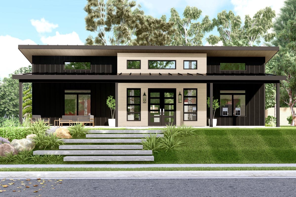 Modern house plan exterior with horizontal siding, flat roof, large windows, and a covered porch.