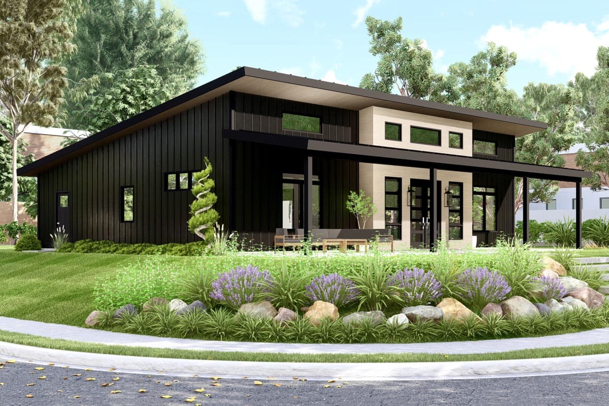 Modern house plan exterior with flat roof, dark vertical siding, cantilevered upper level, and covered entry porch.