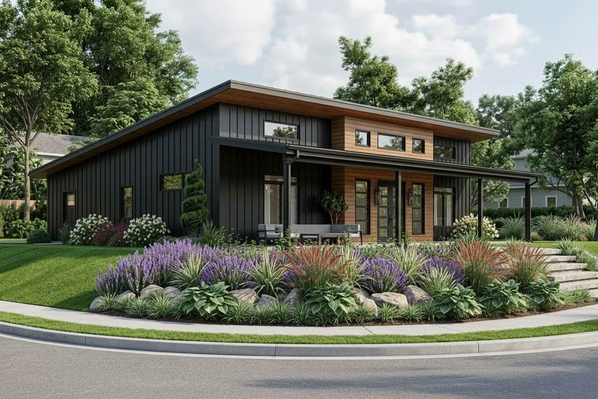 Modern house plan exterior with flat roof, dark vertical siding, cantilevered upper level, and covered entry porch.