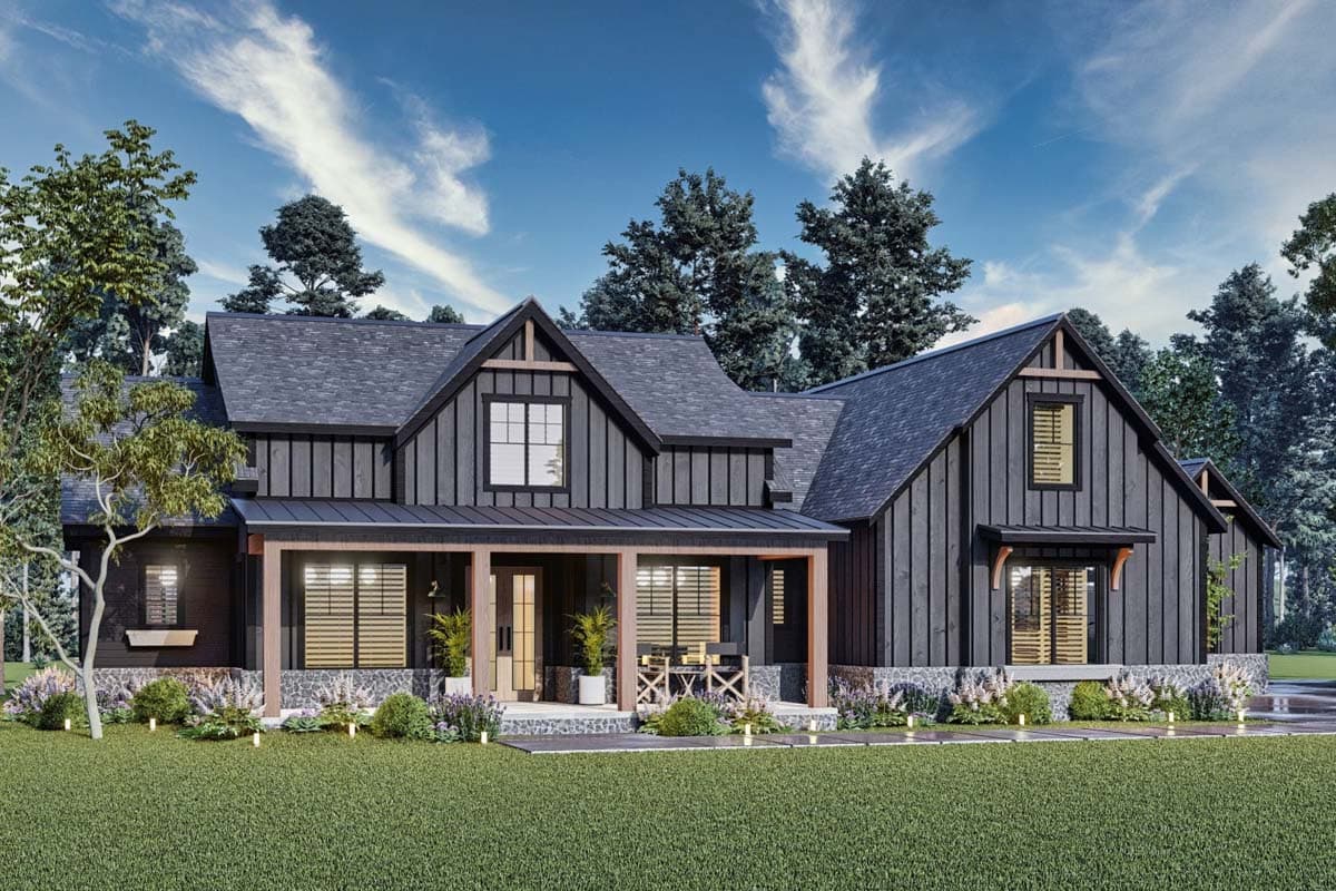 House plan exterior rendering. Modern Farmhouse style with a single story, front porch, board-and-batten siding, and gabled rooflines.