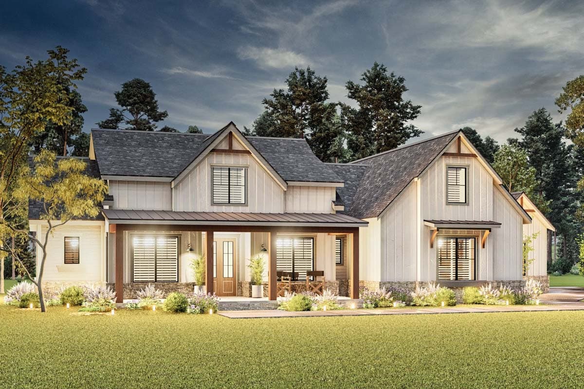 Modern Farmhouse house plan exterior with a wrap-around porch, board-and-batten siding, and stone accents.
