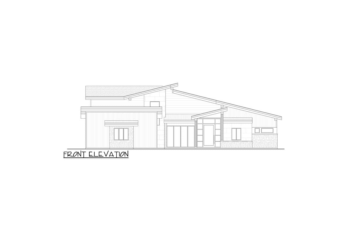 Front elevation drawing of a single-story modern house with a asymmetrical roofline, large entryway, and stone accents.