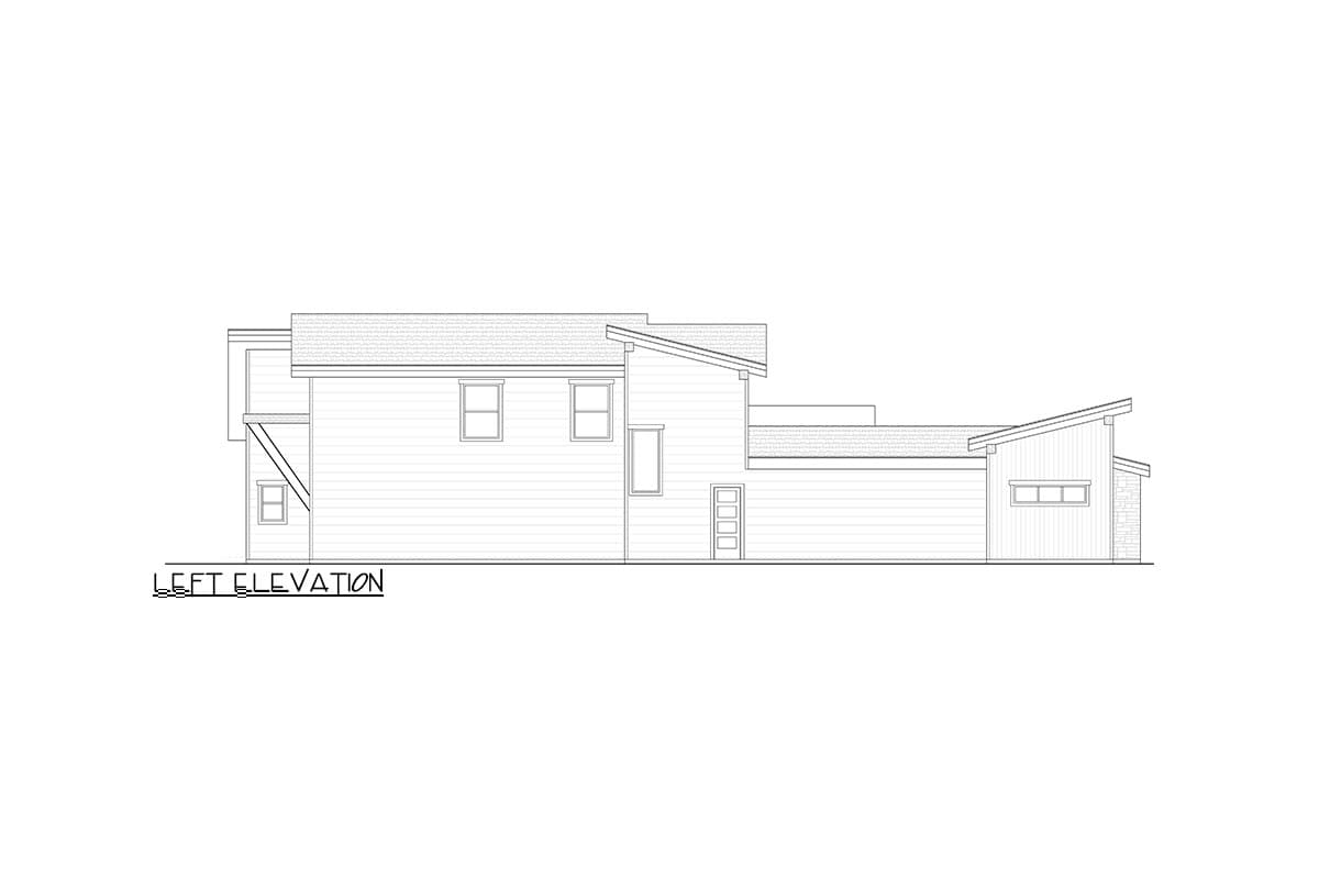 Left elevation drawing of a house plan with a multi-level roofline, visible windows, and a garage door.