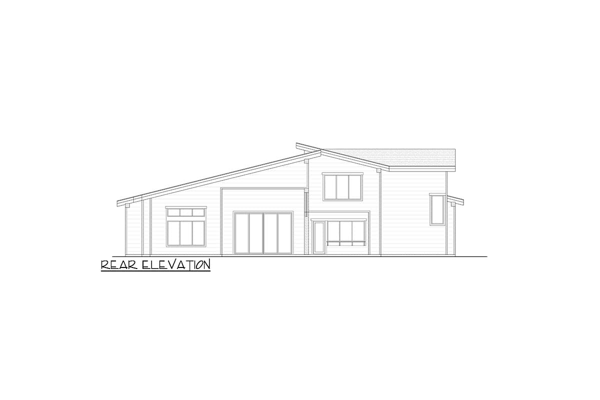 Rear elevation drawing shows a two-story house with a sloped roof, large windows, and sliding glass doors.
