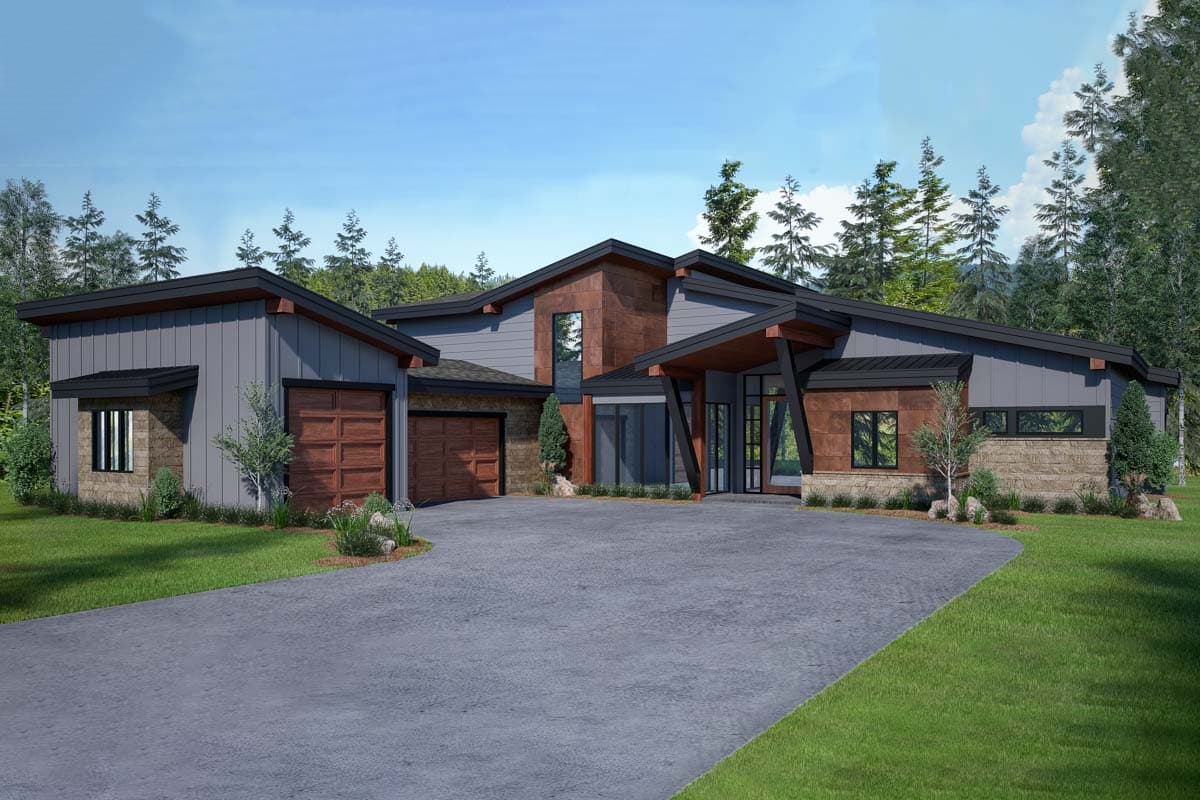 House plan exterior with modern style, featuring a low-sloped roof, a detached two-car garage, and stone veneer accents.