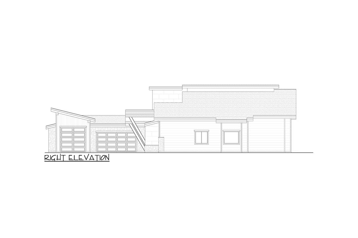 Architectural house plan, right elevation showing a multi-story home with attached three-car garage, flat rooflines, and large windows.
