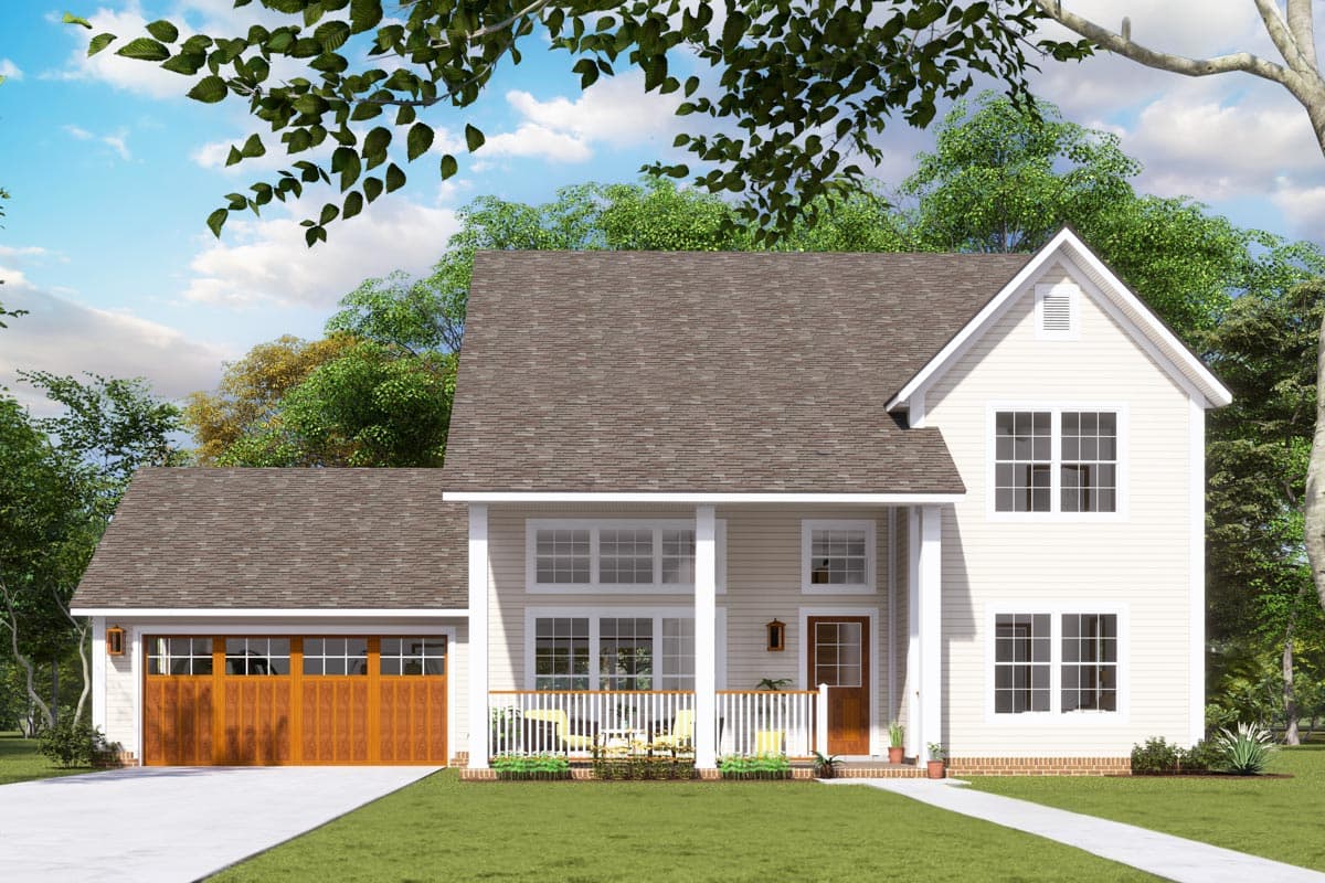 House plan exterior, two-story farmhouse style with a front porch, gables, and attached garage. Includes a brown front door and wood garage door.