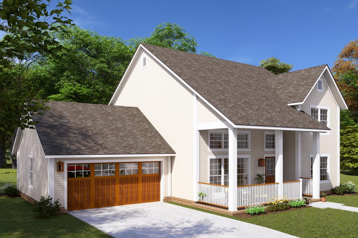 House plan exterior, two stories, beige siding, white porch with railings, and a wood garage door.