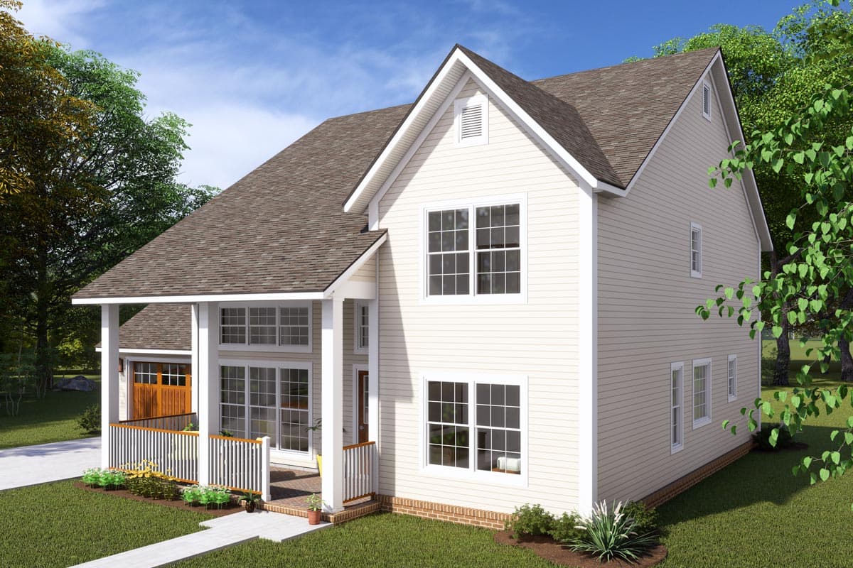 House plan exterior: Two-story Modern Farmhouse with wrap-around porch, gable dormer, and attached garage.