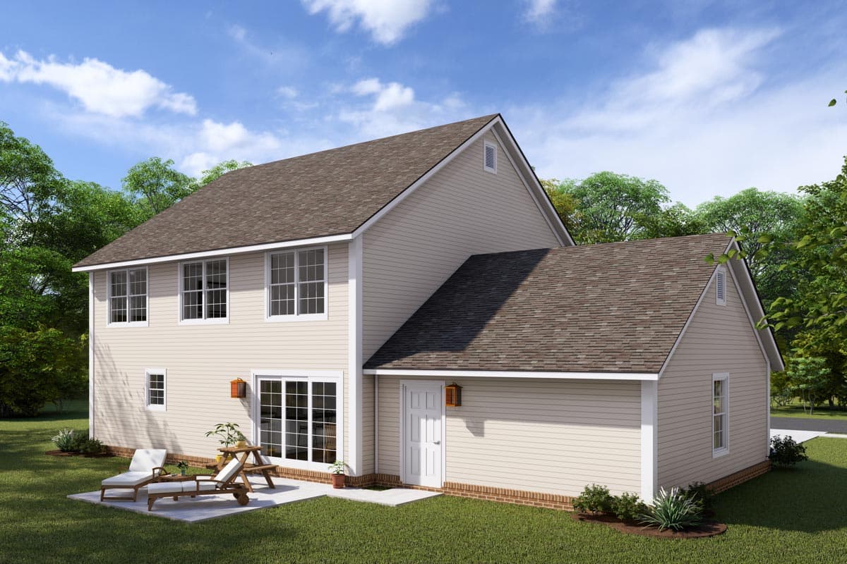 Two-story house plan exterior with multiple gables, white-trimmed windows, and a patio.