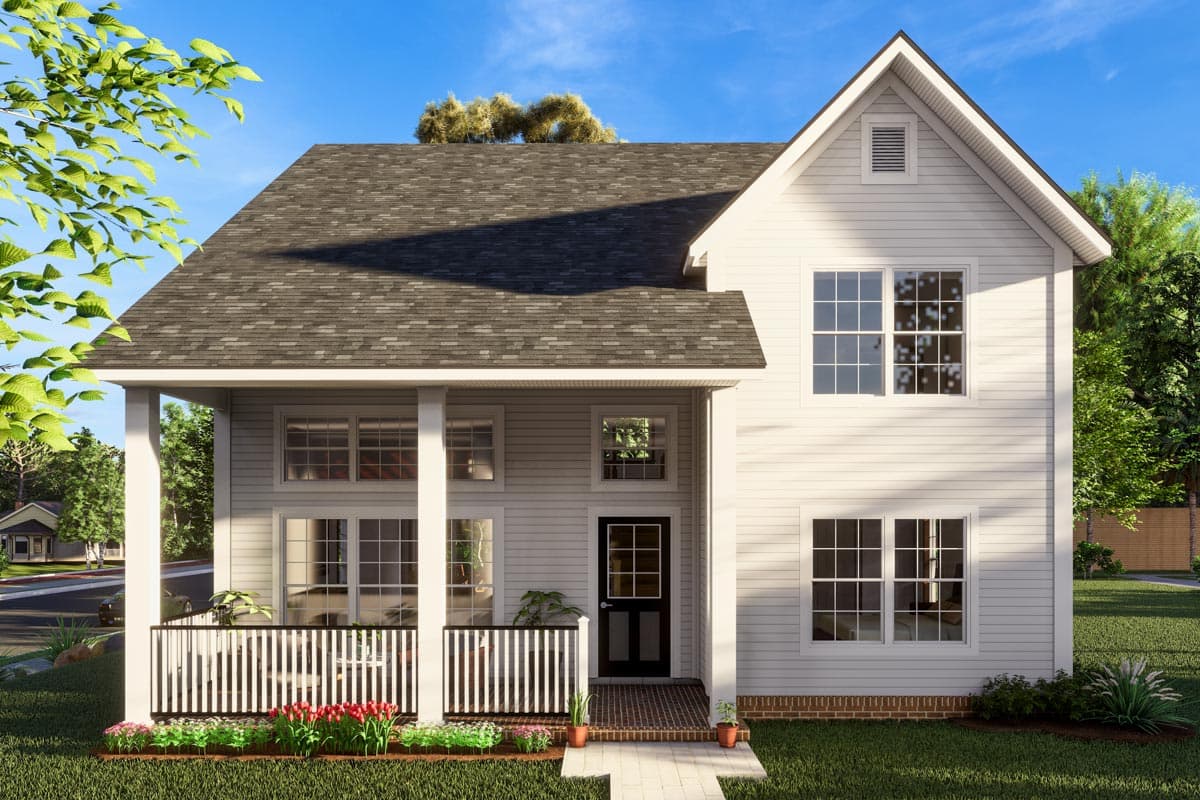 House plan exterior. Two-story farmhouse with a front porch, gabled roof, and multiple window arrangements.