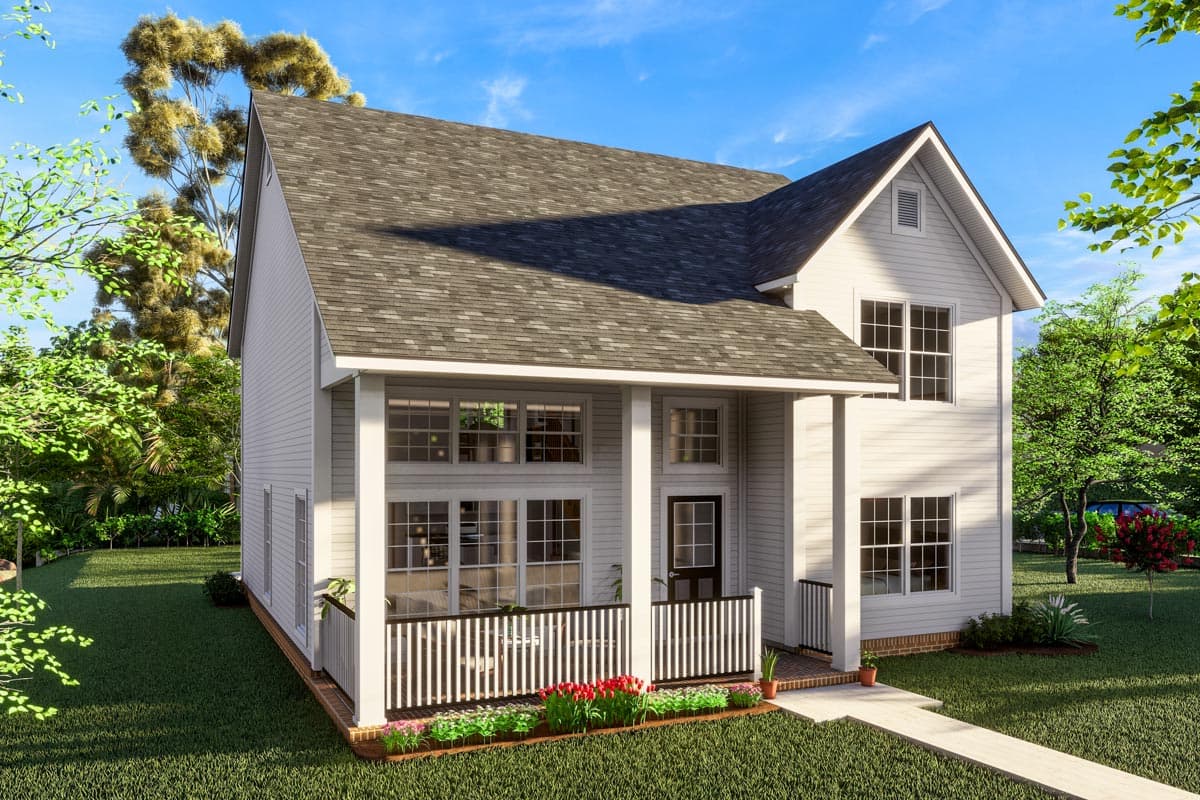 House plan exterior: two-story Modern Farmhouse with a prominent gable, covered porch, and extensive window walls.