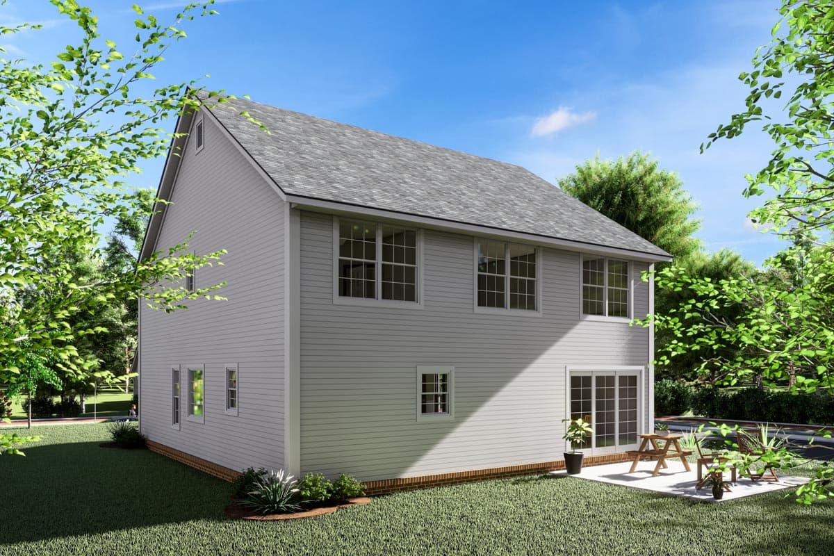 Two-story house plan exterior with horizontal siding, multiple windows, and a gable roof.