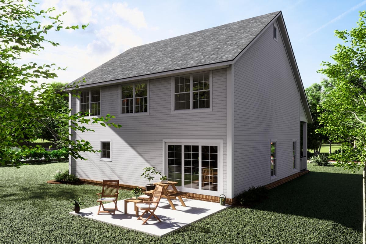 Two-story house plan exterior with vinyl siding, gable roof, large windows, sliding glass doors, and a small covered porch.