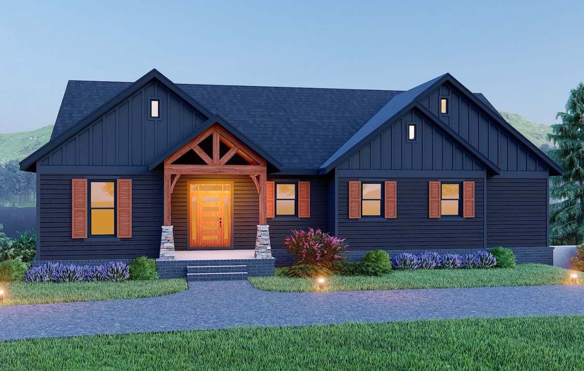 House plan exterior: Dark siding, gabled roof, prominent wooden-beam porch over front door, stone accents, and wood shutters.