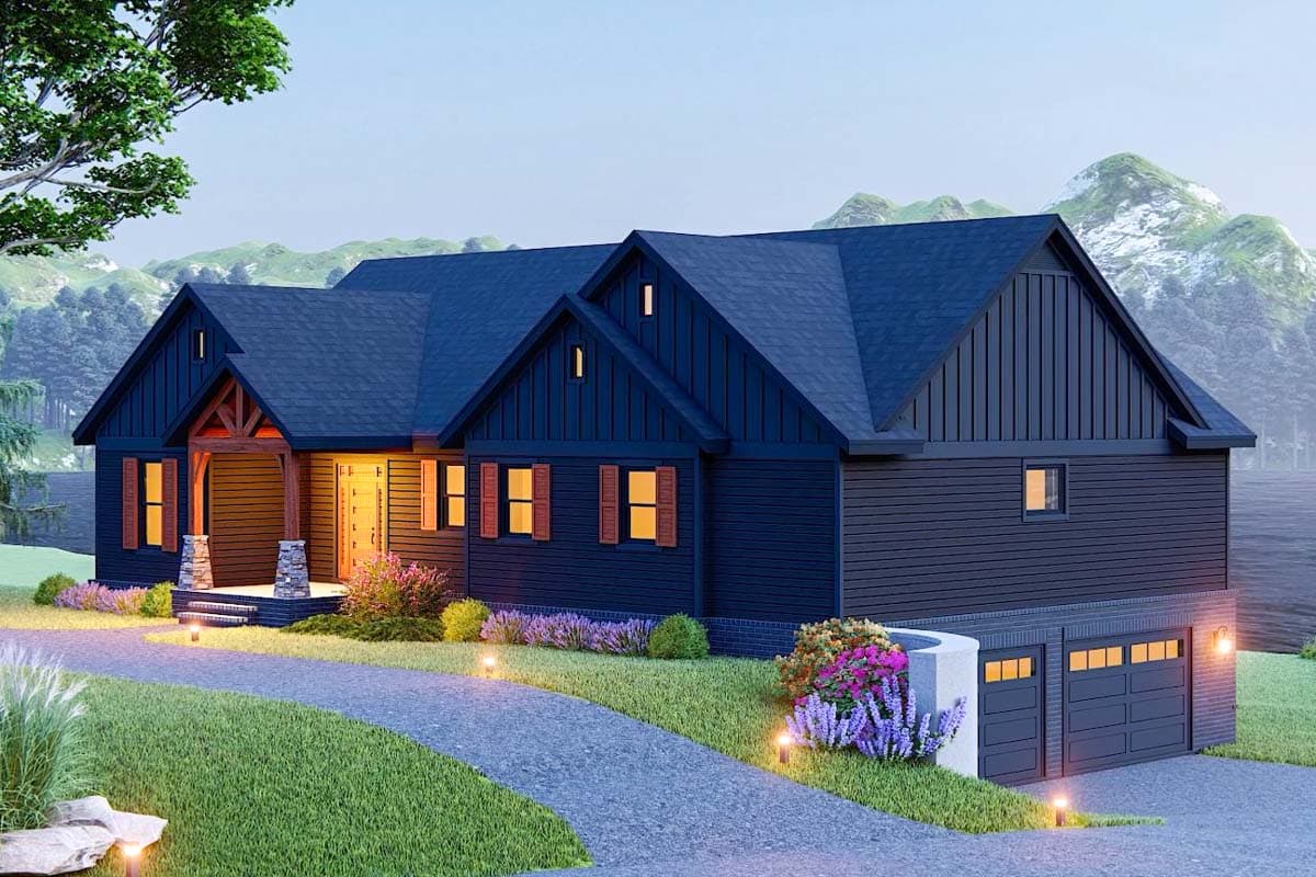 House plan exterior: Modern Farmhouse style, two stories, with a prominent gable, stone-clad porch posts, and a three-car garage.