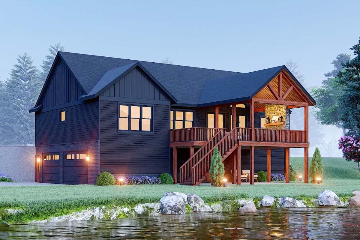 Plan 680211VR: Lake House Plan for a Rear Sloping Lot Under 2300 Sq Ft with Drive-Under Garage - Image #4 - Cabin, Country, Craftsman, Mountain, Rustic