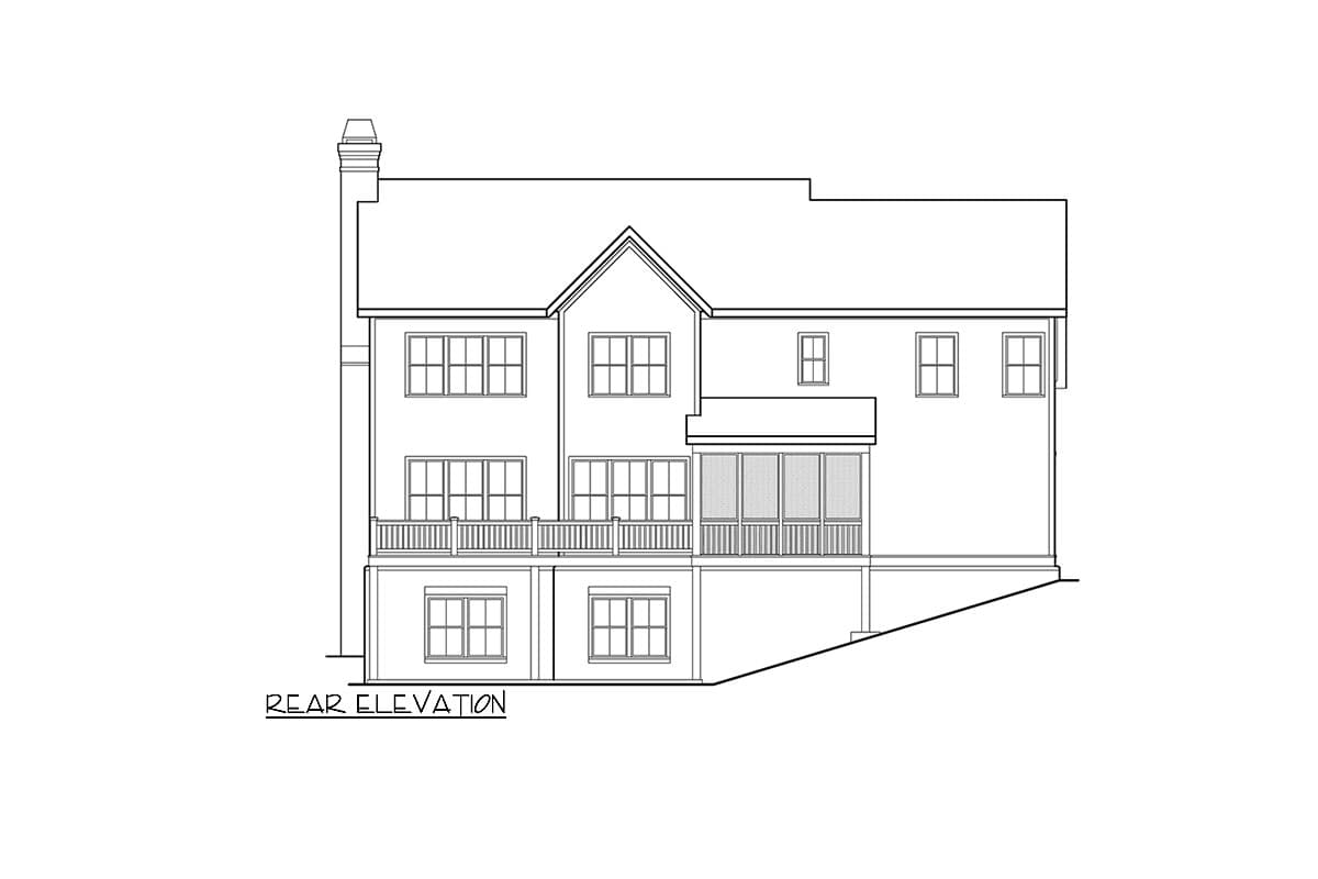 Rear elevation drawing of a multi-story house with a chimney, multiple windows, a screened porch, and a deck.