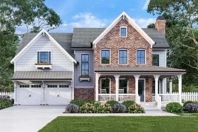 4 Bed Country Home Plan Under 2300 Sq Ft with Brick and Clapboard Siding Exterior