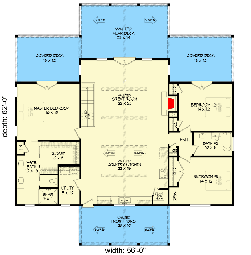 Plan 680212VR: 5 Bed Lake House Plan with Vaulted Interior and a Drive-Under Garage - Floor Plan - Main Level - Country, Mountain