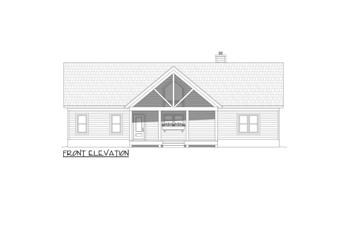 Front elevation drawing of a one-story house with a gabled front porch, prominent rooflines, and simple window arrangements.
