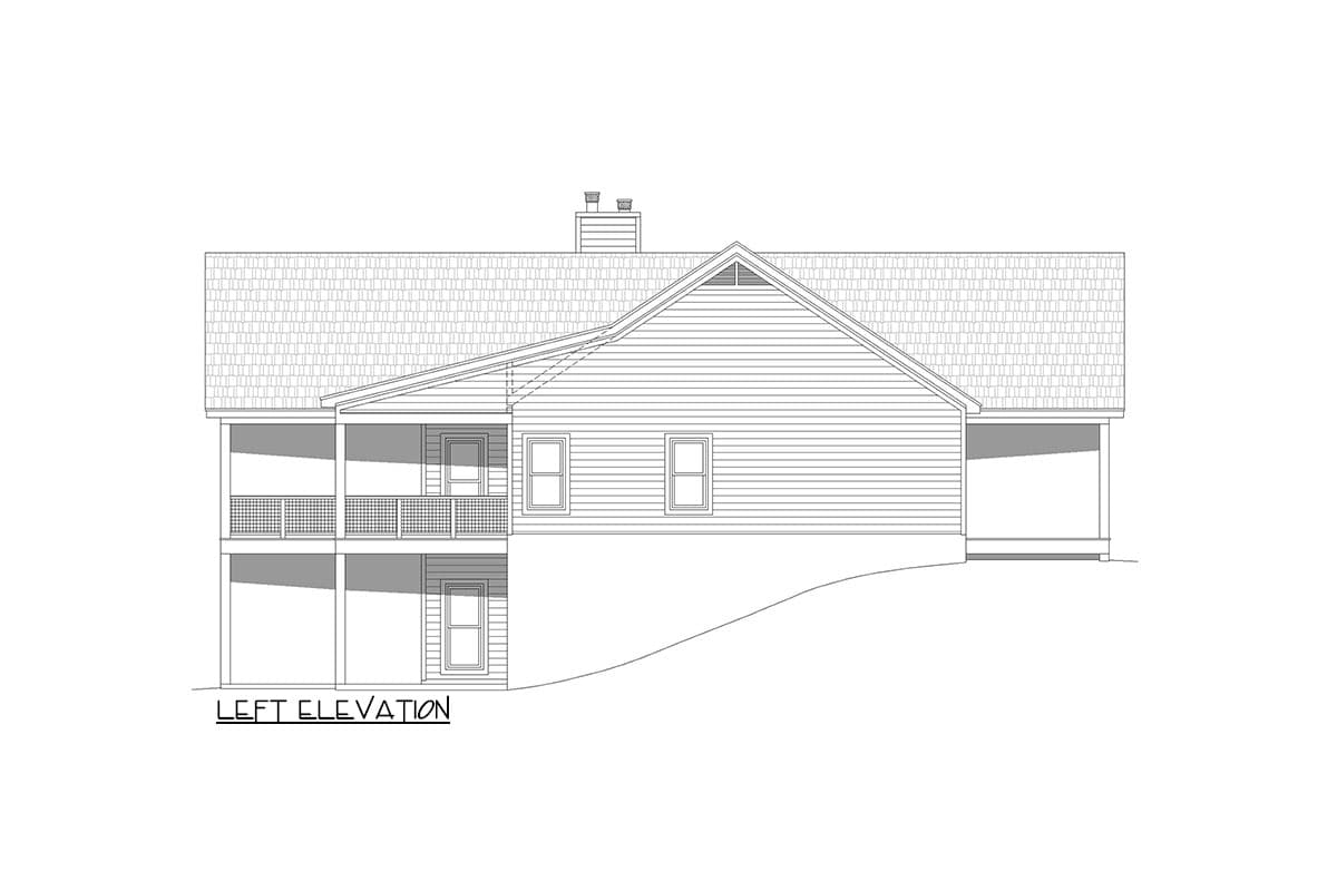 Left elevation house plan showing a two-story structure with upper and lower porches, gabled roof, and horizontal siding.
