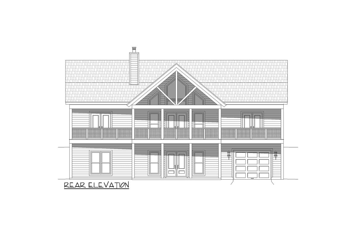 Rear elevation drawing of a two-story house with a prominent gable, double balconies, and a one-car garage.