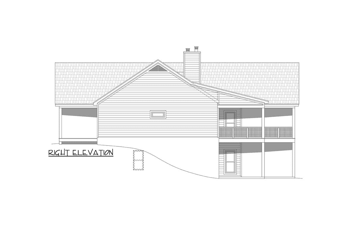 Right elevation house plan drawing showing two-story siding, gabled roof, chimney, and double-deck porch.