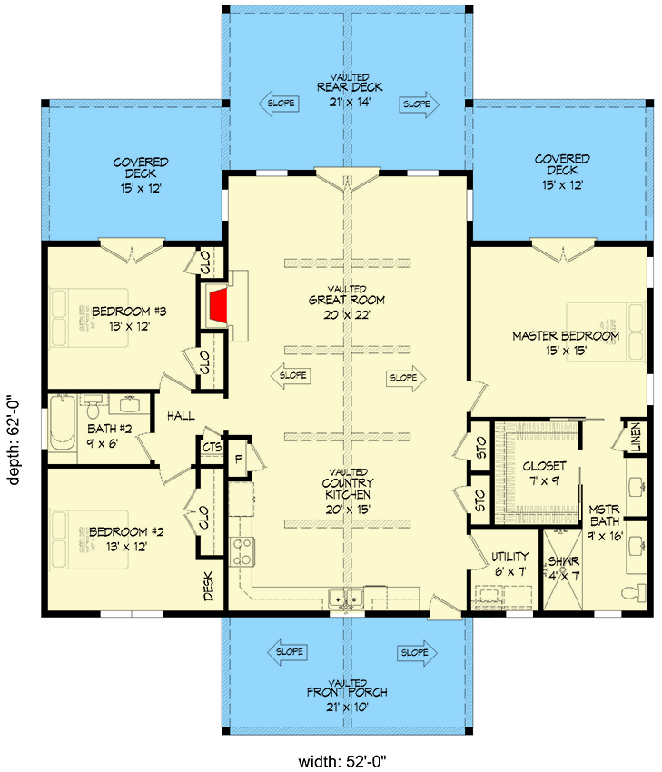 Plan 680213VR: 3 Bed Country Ranch Under 1900 Square Feet with Vaulted Interior - Floor Plan - Main Level - Country, Ranch