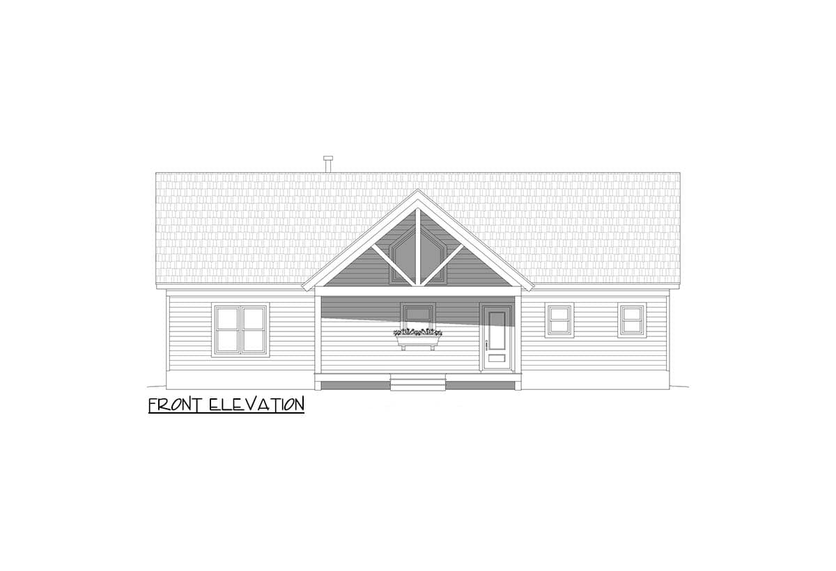 Front elevation drawing of a one-story house with a gable roof, porch, and double-hung windows.
