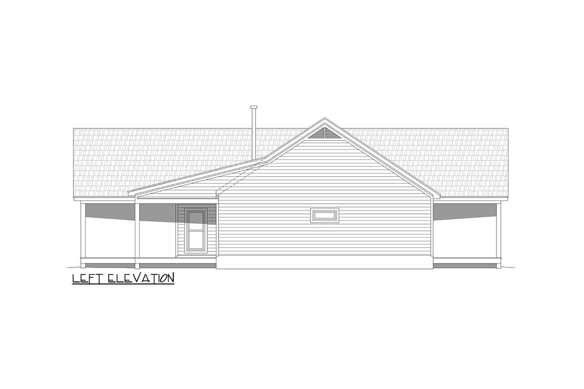 Left elevation drawing of a single-story house plan with a covered porch, gable vent, and hip roof.