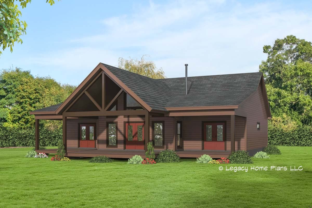 House plan exterior: One-story A-frame roofline, prominent gabled entry, covered porch, and multiple double doors.