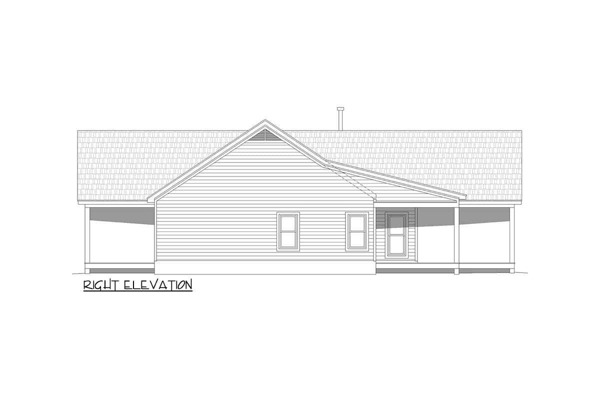 Right elevation of a single-story house plan featuring a prominent gable, siding, porch, and windows.