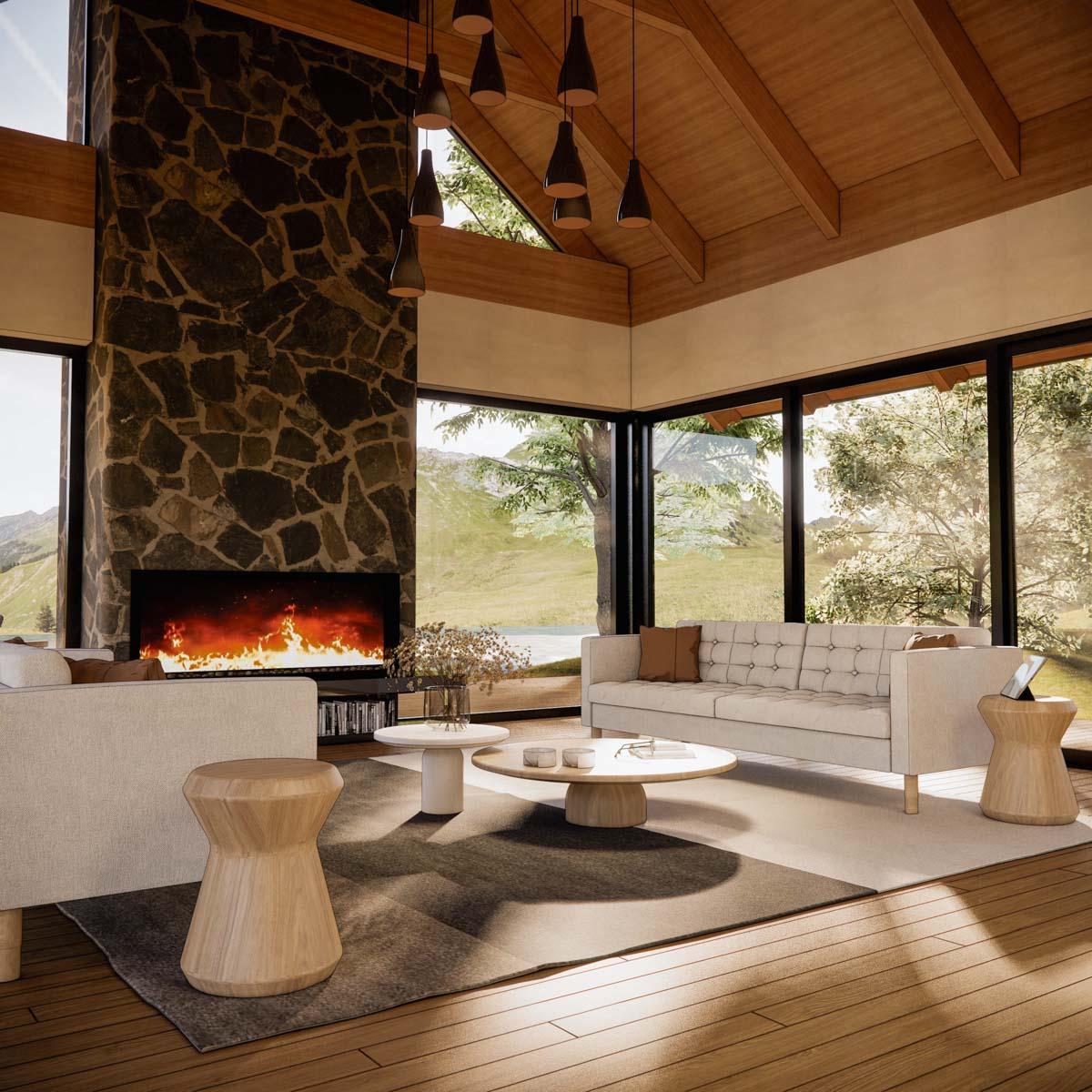 Living room interior with floor-to-ceiling stone fireplace, vaulted wood beam ceiling, and large windows with mountain views.