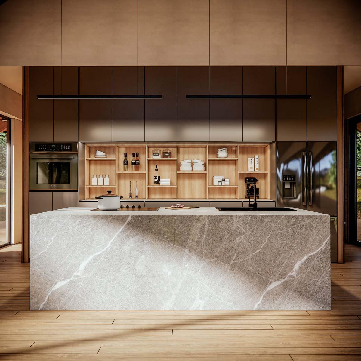 Modern kitchen with large marble island, built-in oven, open shelving, and stainless steel refrigerator.