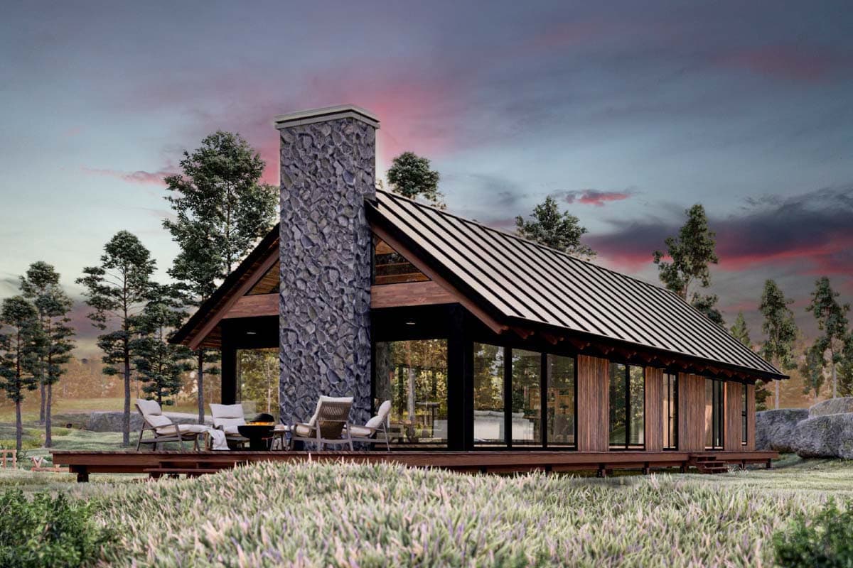 House plan exterior. Modern style with a single story. Features include a stone chimney, a standing seam metal roof, and large windows.