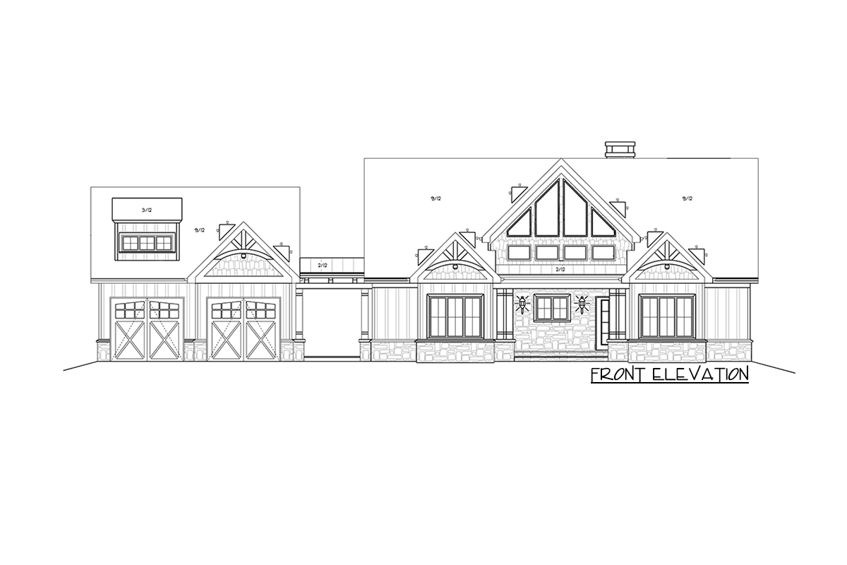Front elevation house plan with a two-car garage, stone accents, multiple gables, and large front windows.