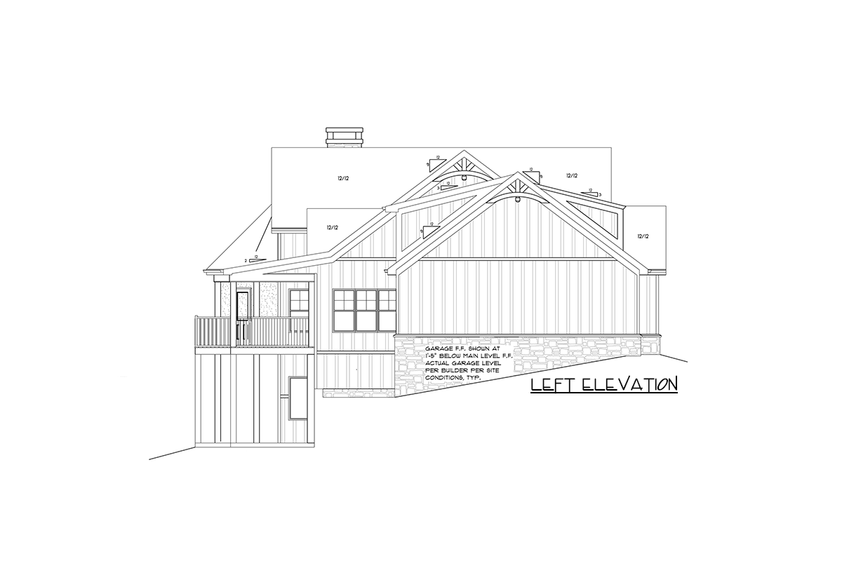 Left elevation of a two-story house plan featuring gables, a chimney, a porch, and stone foundation.